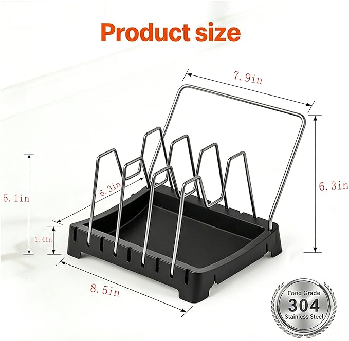 Adjustable Pot Lid Holder with Drip Tray, 2 in 1 Pot Lid Organizer & Spoon Rest, Stainless Steel Lid Holder for Countertop & Cabinet While Cooking, Space Saving Kitchen Pot Cover Rack, Easy Clean