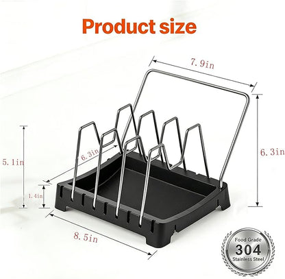Adjustable Pot Lid Holder with Drip Tray, 2 in 1 Pot Lid Organizer & Spoon Rest, Stainless Steel Lid Holder for Countertop & Cabinet While Cooking, Space Saving Kitchen Pot Cover Rack, Easy Clean