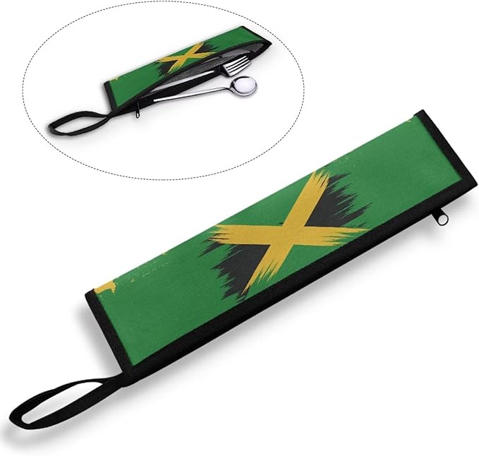 Jamaica Flag Portable Utensil Pouch Reusable Silverware Bag Travel Cutlery Carrying Case Stainless Steel Straws Pouch Chopsticks,11.8 Inch