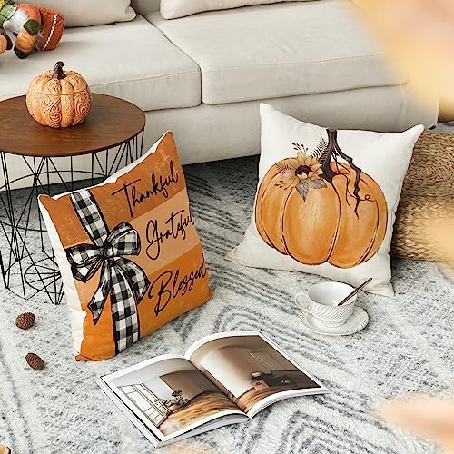 AVOIN colorlife Fall Pumpkin Home Sweet Home Throw Pillow Covers, 16 x 16 Inch Autumn Thankful Grateful Blessed Harvest Floral Orange Decorations for Sofa Couch Set of 4 - Image 3