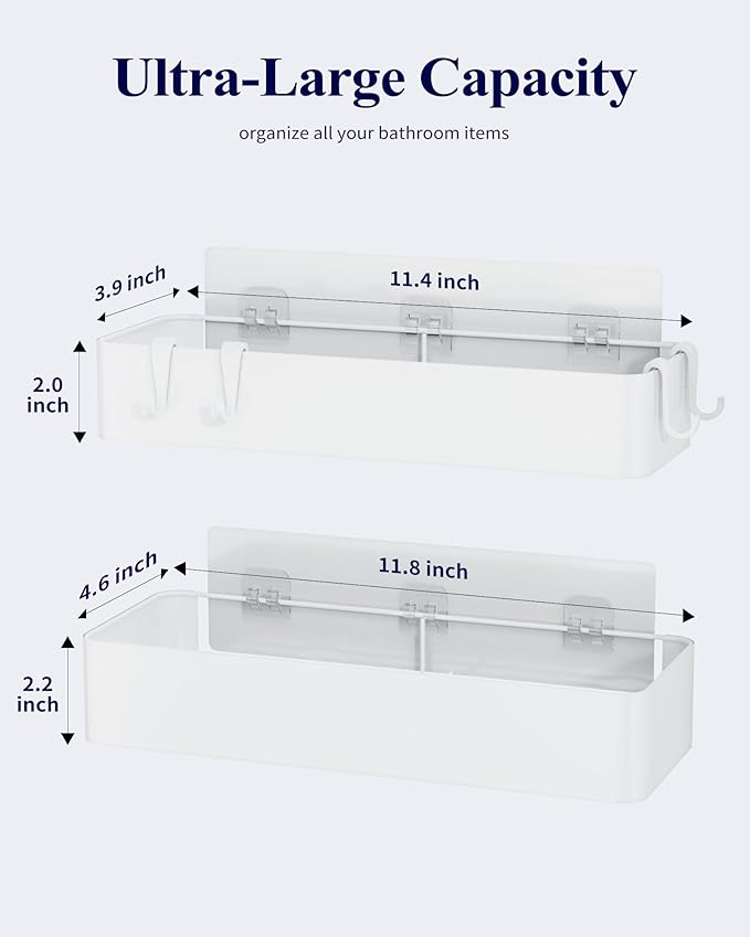 Kitsure Shower Caddy - 2 Pack Adhesive Shower Organizer, Rustproof Metal Shelves, No-Drill Bathroom Organizers and Storage, White, Large