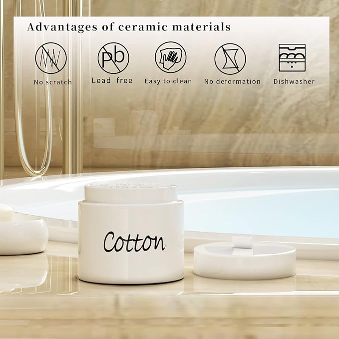 LEETOYI Ceramic Cotton Swabs Holder Organizer with Lid,Storage Canisters for Cotton Swabs, White