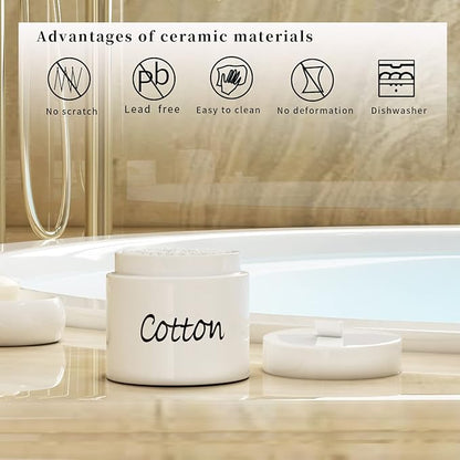 LEETOYI Ceramic Cotton Swabs Holder Organizer with Lid,Storage Canisters for Cotton Swabs, White