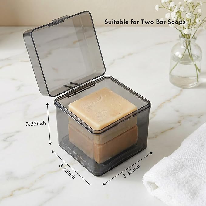 Travel Soap Container with Draining Layer, Square Soap Dish Bar Soap Holder for Shower with Lid Soapbox Bathroom Soap Dishes fit Dr Squatch Bars for Traveling Vonpri (Transparent Black Large)