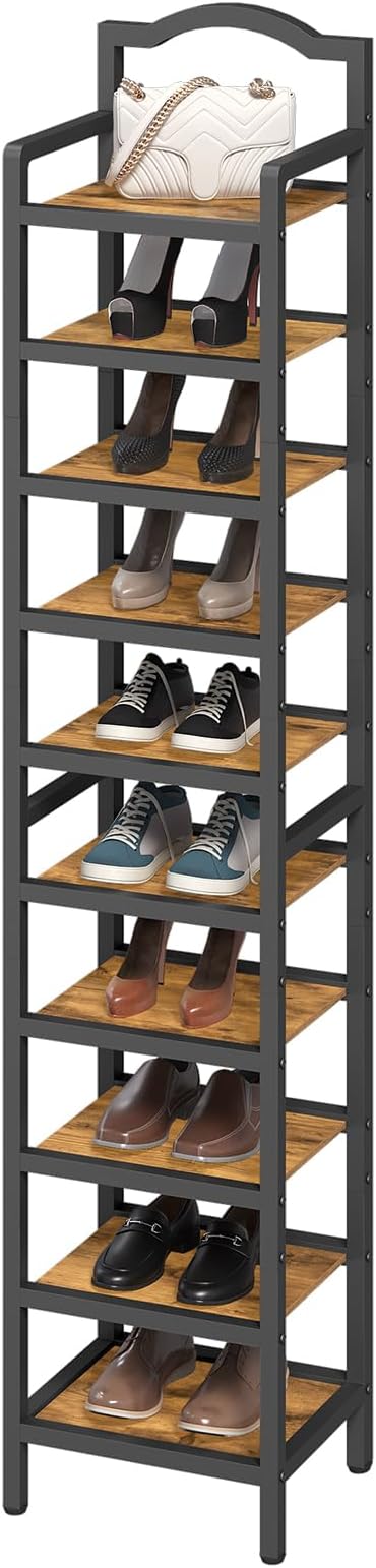 YATINEY 10-Tier Tall Shoe Rack, Vertical Shoe Organizer for Small Spaces, Wooden Shoe Shelf for Entryway, Space Saving Shoe Storage, Holds 10 Pairs of Shoes, Rustic Brown and Black SS50BR
