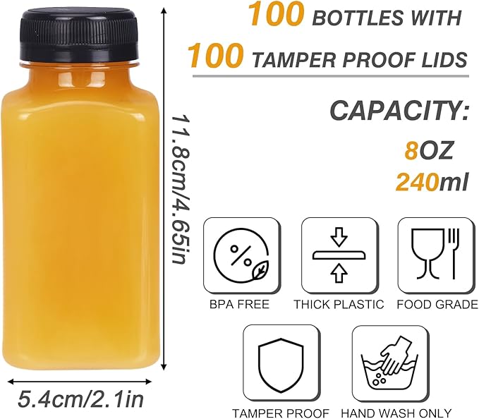 TOMNK 100pcs 8oz Empty Plastic Juice Bottles with Caps, Reusable Clear Bulk Beverage Containers with Label, Funnel and Brush for Juicing, Milk, Smoothie, Drinking, Beverages