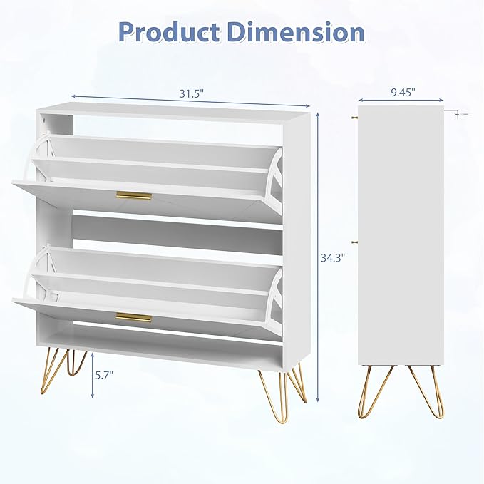 Shoe Cabinet with 2 Flip Drawers, Shoe Storage Cabinet Entryway Slim, White and Gold Narrow Shoe Cabinet w/Metal Legs, Hidden Freestanding Shoe Rack Organizer for Entryway, White