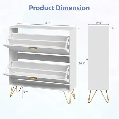 Shoe Cabinet with 2 Flip Drawers, Shoe Storage Cabinet Entryway Slim, White and Gold Narrow Shoe Cabinet w/Metal Legs, Hidden Freestanding Shoe Rack Organizer for Entryway, White
