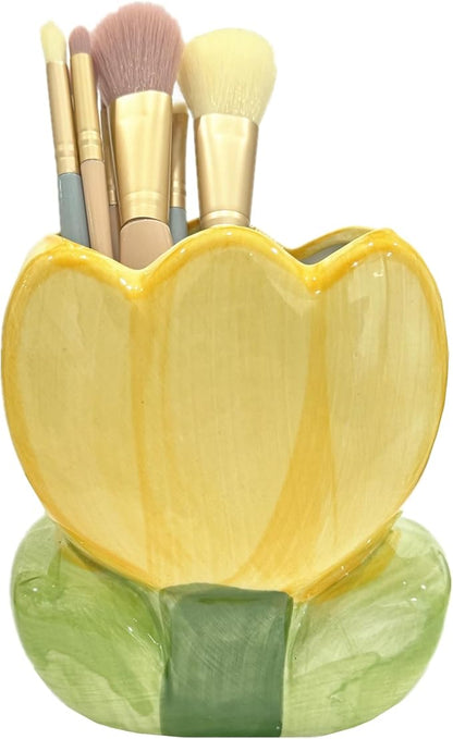 TANG SONG Ceramic Tulip Make up Brush Holder Flower Cosmetic Storage Box Pen and Pencil Holder Desktop Organizers (Yellow)