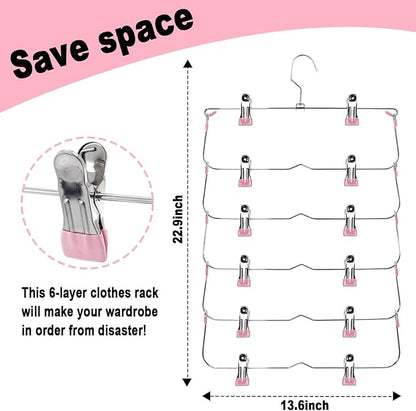 Skirt Pants Hangers with Clips,6Tier Skirt Hangers Space Saving,Metal Multi Pants Hangers and Storage Multi Clothes Shorts Hanger Organization,Space Saving Hangers with Clips (Pink, 2-Piece Set)