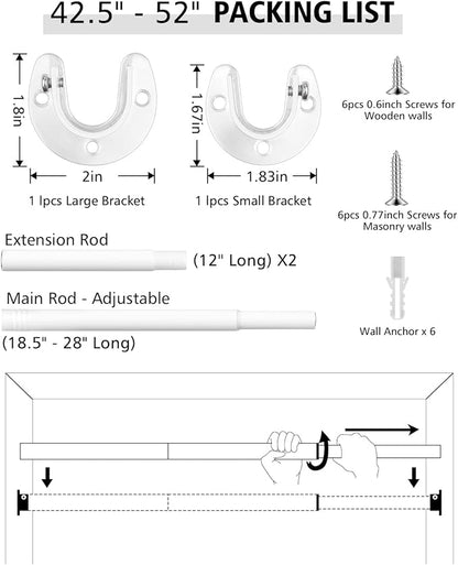 Closet Rods for Hanging Clothes - Heavy Duty, Length Adjustable (White, 42.5" - 52")
