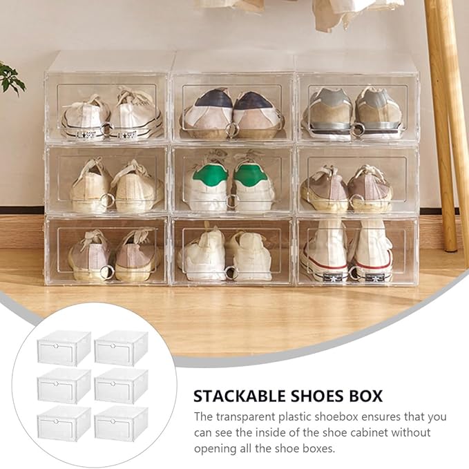 Uonlytech 6pcs Drawer Shoe Storage Boxes Plastic Dustproof Moisture-Resistant Shoe Organizers for Home Closet Stackable Storage Containers