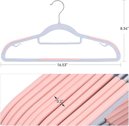 Tonswachic Pack of 30 Coat Hangers, Space-Saving Plastic Clothes Hangers, Non-Slip, 0.2 Inches Slim, 360° Swivel Silver Hook for Shirts, Pants, Suit & Wet/Dry Garments, Pink and Dark Gray