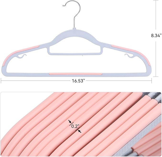 Tonswachic Pack of 50 Coat Hangers, Space-Saving Plastic Clothes Hangers, Non-Slip, 0.2 Inches Slim, 360° Swivel Silver Hook for Shirts, Pants, Suit & Wet/Dry Garments, Pink and Dark Gray