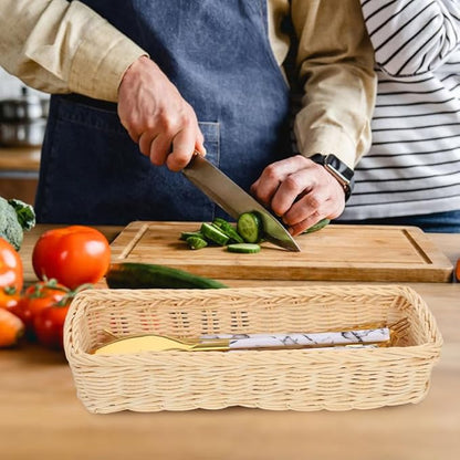 ULTECHNOVO Rattan Woven Cutlery Basket 2-Pack Utensil Organizer Spoon Fork Holder Kitchen Drawer Storage Tray 9.84X3.93X1.96 Inches Multipurpose Flatware Holder for Home
