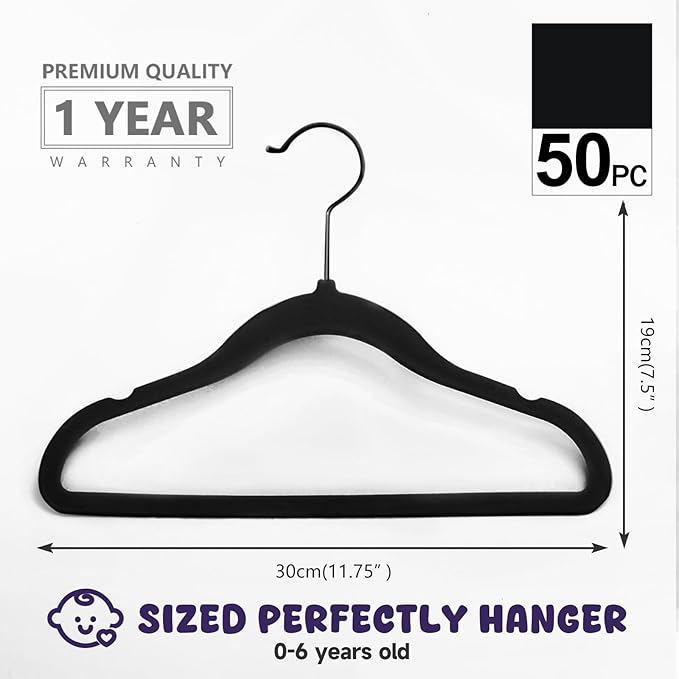 MIZGI Baby Velvet Hangers,Non-Slip Kids & Toddler Hangers,11.8 Inch Hangers for Baby Clothes,Pack of 50(Black/Black)