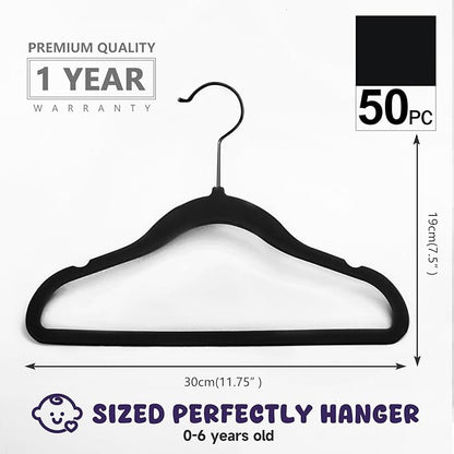 MIZGI Baby Velvet Hangers,Non-Slip Kids & Toddler Hangers,11.8 Inch Hangers for Baby Clothes,Pack of 50(Black/Black)