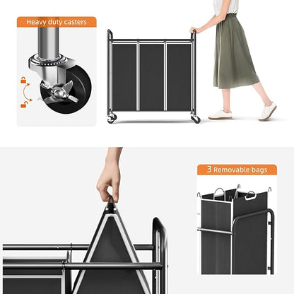 ROMOON Laundry Sorter Hamper 3 Section, Divided Laundry Basket Organizer with Heavy Duty Lockable Wheels and Removable Bags, Rolling Clothes Hamper for Apartment, Dorm & Family (135L Modern Black)