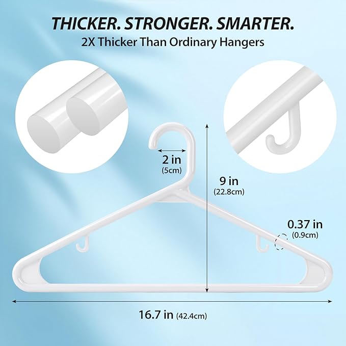 Heavy Duty Plastic Hangers – Super Thick & Reinforced with 20lb Capacity for Coats, Jackets, Pants – Durable Non-Slip Closet Hangers for Heavy Clothing (White, 40 Pack)