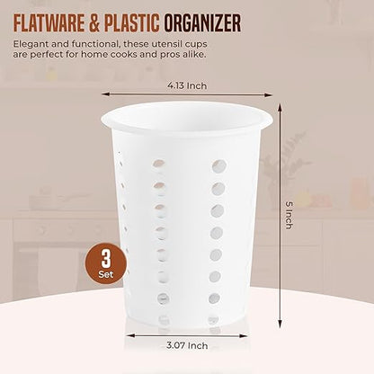 OCS Parts Perforated Utensil Drying Cups | White | Set of 3 | Plastic Flatware Holder Cylinders for Kitchen Counter Organization
