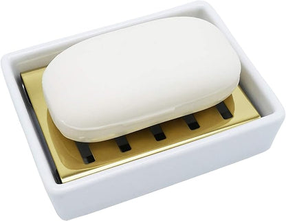 Ceramic Soap Dish Gold Stainless Steel Soap Holder for Shower and Bathroom Double Layer Draining Soap Box