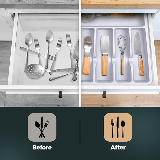 Pantrymade Silicone Silverware Drawer Organizer – Non-Slip Utensil Holder for Kitchen Drawers | Cutlery Tray for Forks, Knives, Spoons & More | Durable, BPA-Free, Easy to Clean – White