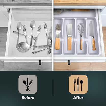 Pantrymade Silicone Silverware Drawer Organizer – Non-Slip Utensil Holder for Kitchen Drawers | Cutlery Tray for Forks, Knives, Spoons & More | Durable, BPA-Free, Easy to Clean – White