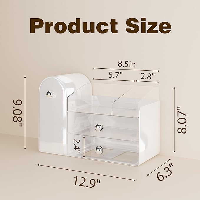 lurcns Makeup Organizer with Dustproof Brush Holder for Vanity, Large Cosmetics Organizer and Bathroom Countertop Skincare Storage with 2 Clear Drawers for Lipstick, Perfume, Eyeshadow Palettes,White