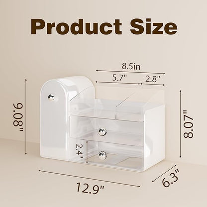lurcns Makeup Organizer with Dustproof Brush Holder for Vanity, Large Cosmetics Organizer and Bathroom Countertop Skincare Storage with 2 Clear Drawers for Lipstick, Perfume, Eyeshadow Palettes,White