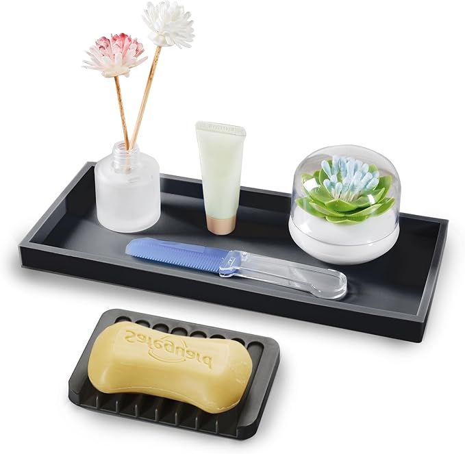Bloss Bathroom Vanity Tray with Soap Dish-15.7X 5.9inch Silicone Tray for Kitchen Counter, Sink Vanity Trays with Soap Holder, Toilet Tank Tray, Great Counter Trays for Jewelry/Candle/Key/Perfume