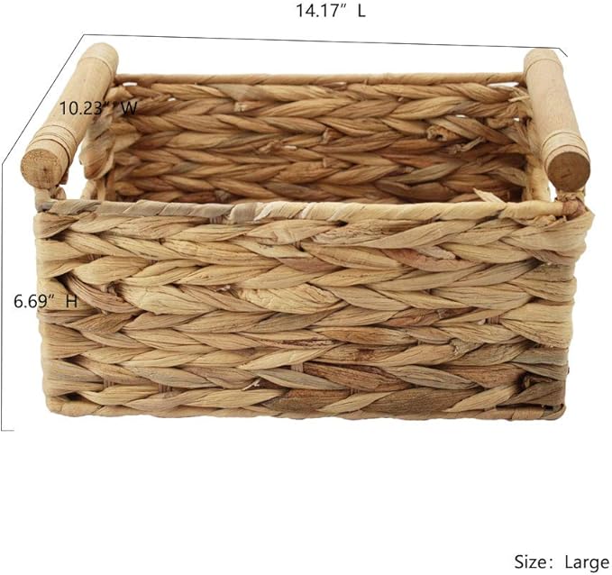 Storage Basket made by Water Hyacinth with Wood Handles, Arts and Crafts. (Large) Natural