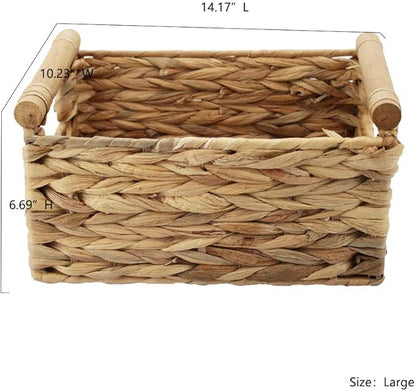 Storage Basket made by Water Hyacinth with Wood Handles, Arts and Crafts. (Large) Natural