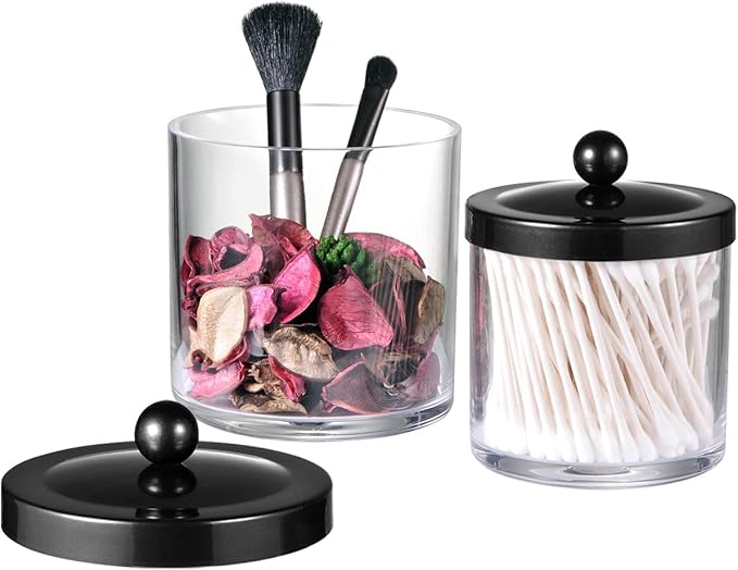 SheeChung 2-Pack Plastic Apothecary Jars with Black Metal Lids-Clear Acrylic Qtip Holder Set-Shatterproof Bathroom Vanity Organizer for Cotton Balls, Swabs, Pads-Modern Farmhouse Chic Decor