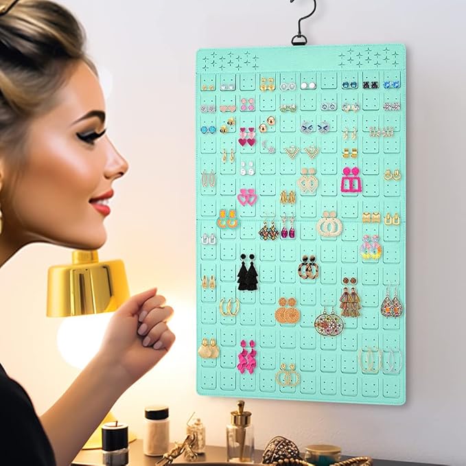 Dual Sided Hanging Jewelry Organizer with Hanger for Closet,Tangle Free Felt Necklace Earring Holder for 300 Earrings & 30 Necklaces Over Door University Dorm, Gift Ready Blue (1 Pack)