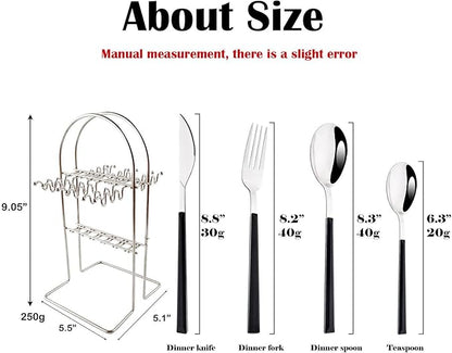 24Pcs Black Handle Flatware Silverware Set with Stand, Silver Stainless Steel Cutlery Set for 6, Square Handle Eating Utensils, Mirror Polished