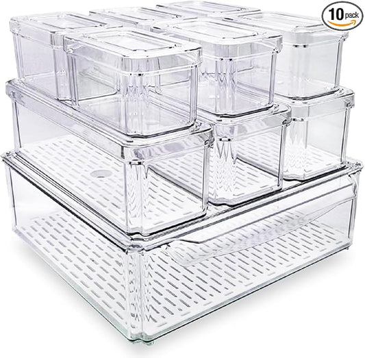 10-Pack Clear Fridge Organizer Bins with Lids & Drainage Holes, Stackable Container Set, BPA-Free Plastic Refrigerator Storage Containers for Food, Fruits, Vegetables, Meats (Multi-Purpose)