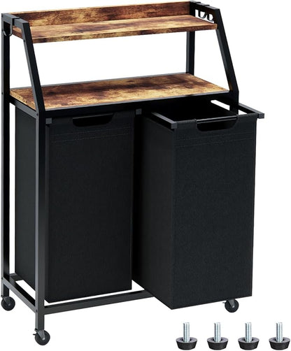 Timberer Laundry Hamper, Laundry Sorter 2 Section, Rolling Laundry Basket with Wheels, 2 Shelves, 2 × 14.5 Gal, Pull-Out and Removable Oxford Fabric Bags, for Laundry Room,Black and Rustic Brown