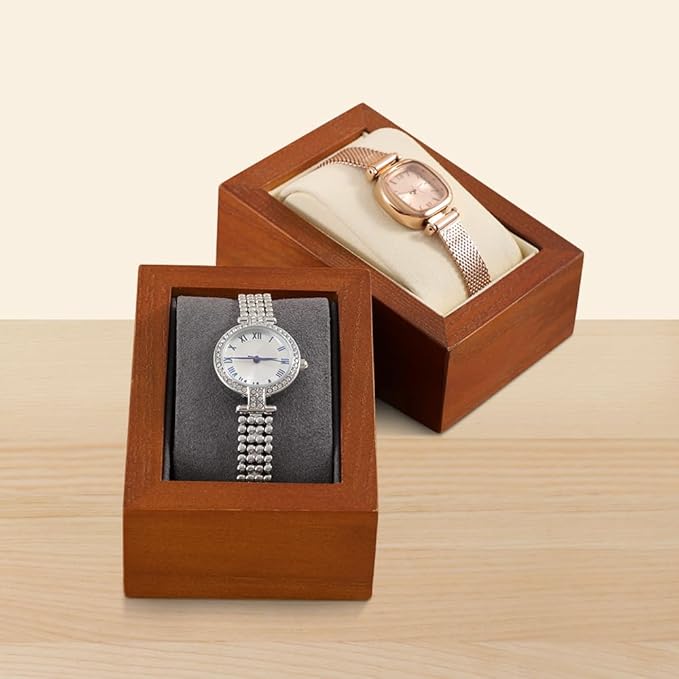 Wooden Watch Display Stand With Pillow, Wristwatch Organizers, Men Women Watch Storage Holder (Willow Wood, Gray Velvet)