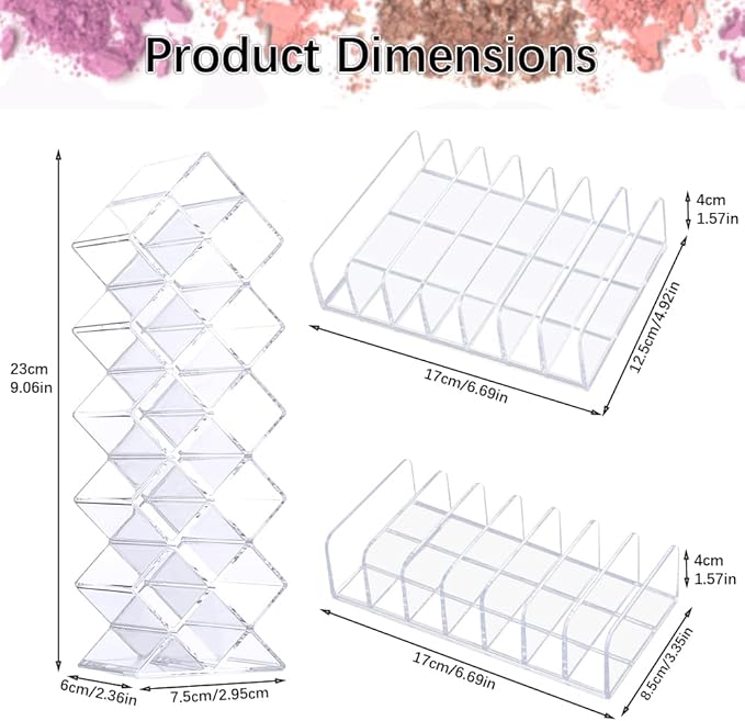 3Pcs Eyeshadow Palette Organizer, 7 Section Makeup Palette Organizer, 2 Acrylic Palette Organizer with 1 Lipstick Holder, Clear Palettes Storage Holder for Cosmetics Blush, Bathroom Vanity