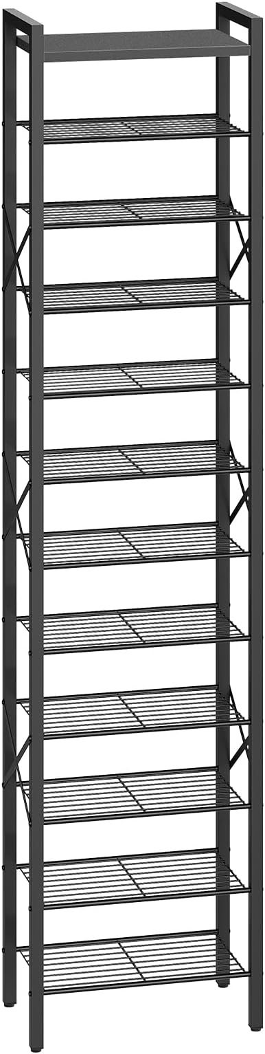 YATINEY 12-Tier Narrow Shoe Rack, Tall Shoe Rack for 12-24 Pairs, Slim Shoe Storage Organizer with Wooden Top, Space Saving, Metal Frame, for Entryway, Black SS61BB