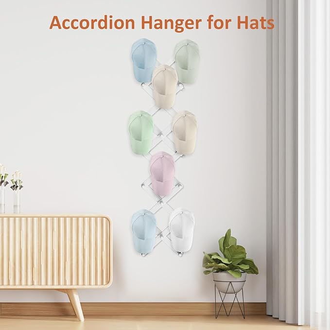 Accordion Wall Hanger, Hat Rack for Wall with 20 Coat Hooks, Expandable Hat Hangers Organizer, Vintage Decorative Coat Rack Wall Mount for Purse, Mug(White)