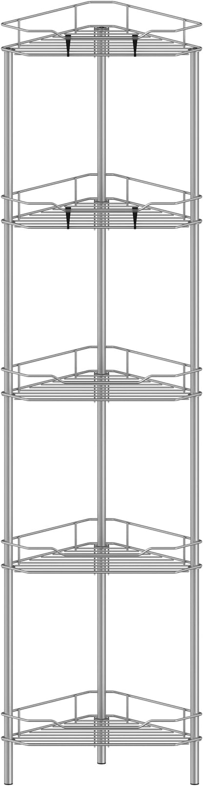 HuggieGems 5 Tier Floor Standing Corner Shower Caddy Organizer Shelf with Hooks, Bathroom Shelves Stand Rack, Gray