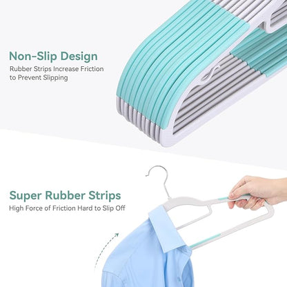 Tonswachic Pack of 50 Coat Hangers, Space-Saving Plastic Clothes Hangers, Non-Slip, 0.2 Inches Slim, 360° Swivel Silver Hook for Shirts, Pants, Suit & Wet/Dry Garments, Blue and White