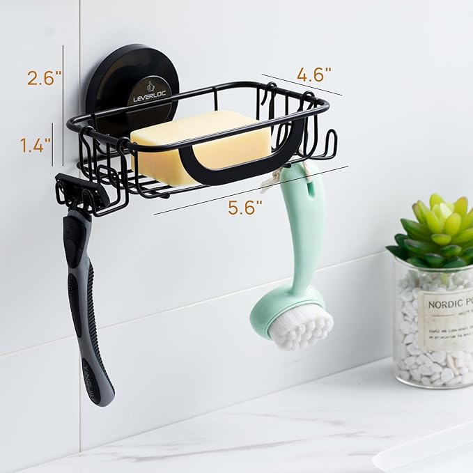 LEVERLOC Soap Holder Dish for Shower Wall, Bar Suction Cup Soap Saver Tray with Hooks, Rust Proof Draining Stainless Steel for Bathroom Bathtub Kitchen Sink & Bath Organizers, Black