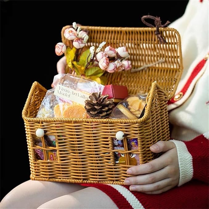 Rattan House Shape Storage Basket with Lid, Small Doll House, Decorative Hand Woven Shelf Organizer with Handle, Natural Harvest Wicker Basket for Picnics, Organizing, Storage (A, 1)