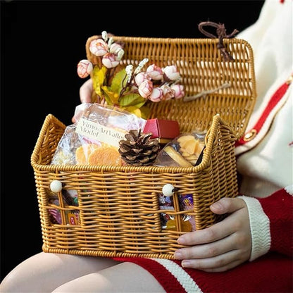 Rattan House Shape Storage Basket with Lid, Small Doll House, Decorative Hand Woven Shelf Organizer with Handle, Natural Harvest Wicker Basket for Picnics, Organizing, Storage (A, 1)