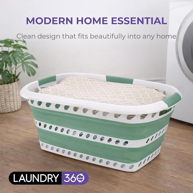 Laundry 360 Collapsible Laundry Basket | Portable | Space Saver Storage | Hold 2 Loads | Store Under the Bed or Closet | Good for Kids | Dorm | Bedroom | Large | White/Sage