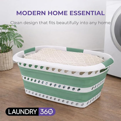 Laundry 360 Collapsible Laundry Basket | Portable | Space Saver Storage | Hold 2 Loads | Store Under the Bed or Closet | Good for Kids | Dorm | Bedroom | Large | White/Sage