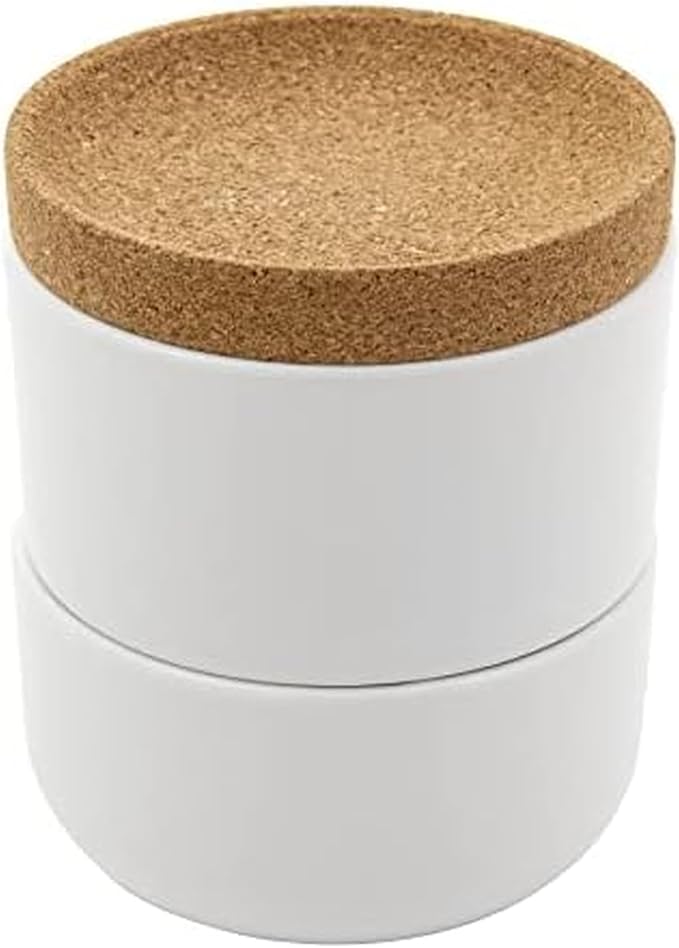 Kamenstein Cork and Ceramic 3 Piece Stackable Salt and Pepper Cellar For Countertop Space Saving; Pivoting Lid to Retain Freshness for Easy Open, 4 x 4 x 4.25 Inch, Natural Cork and White Ceramic