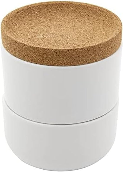 Kamenstein Cork and Ceramic 3 Piece Stackable Salt and Pepper Cellar For Countertop Space Saving; Pivoting Lid to Retain Freshness for Easy Open, 4 x 4 x 4.25 Inch, Natural Cork and White Ceramic